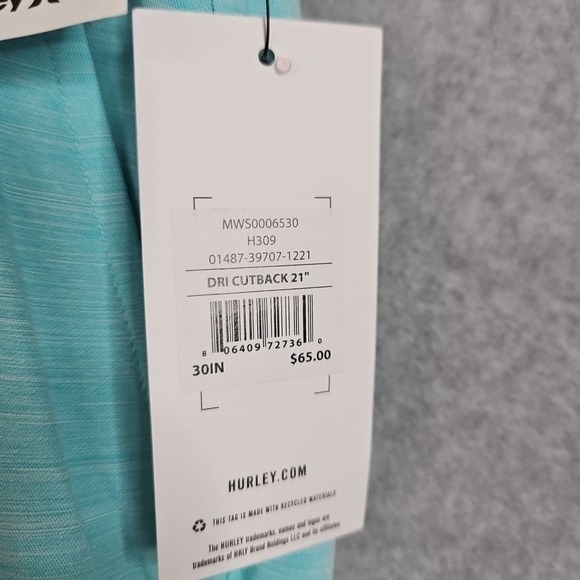 Hurley Men's Dri-Fit Cutback Short 21" Regular Fit Turquoise Blue Size 30 - Picture 6 of 9